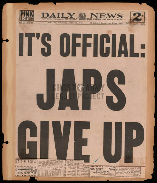 WW2 scrapbook page with one newspaper page saying Its official  Japs give up
