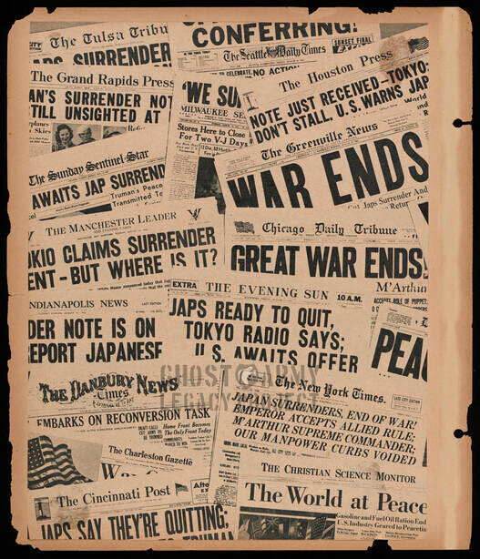 WW2 scrapbook page with many newspaper clippings announcing the wars end