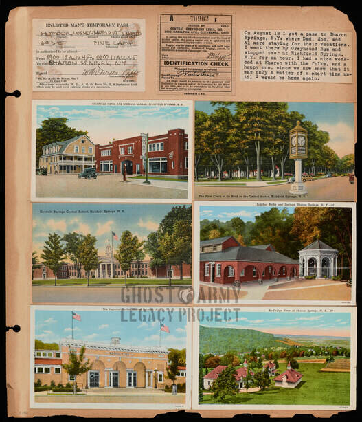 WW2 scrapbook page with postcards of Sharon Springs NY