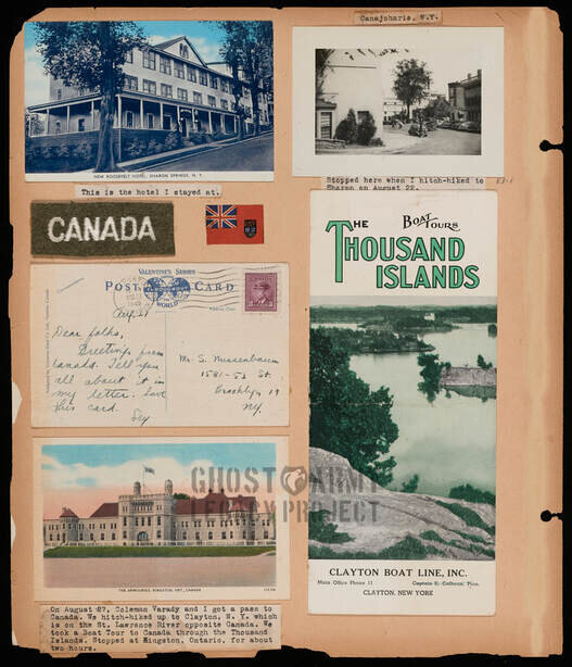 WW2 scrapbook page with postcards and brochures from Canada