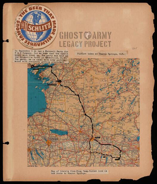 WW2 scrapbook page with a map showing a route to Brownsville
