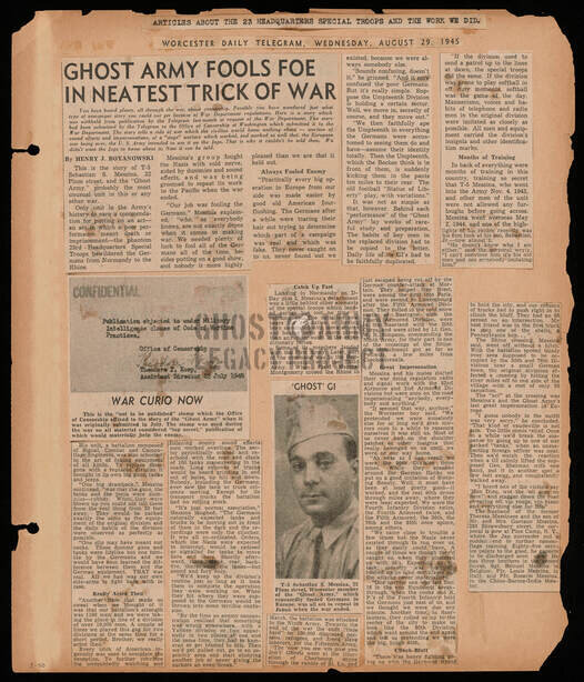 WW2 scrapbook page with newspaper clippings about The Ghost Army