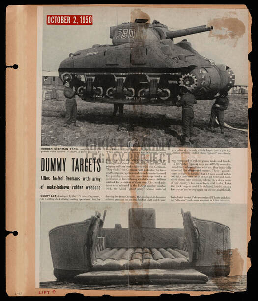 WW2 scrapbook page with news clippings showing inflatable tanks and trucks