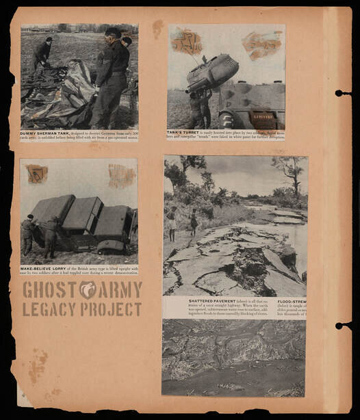 WW2 scrapbook page with photos of inflatable decoy tanks and armaments in use by The Ghost Army