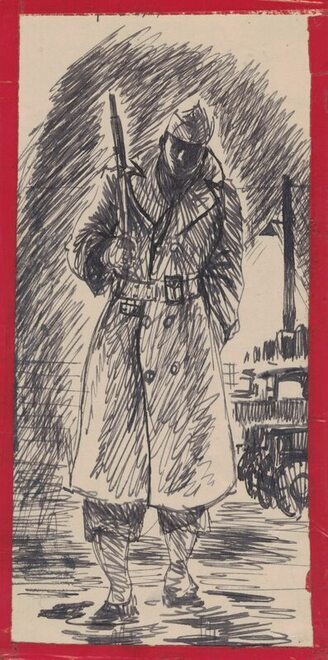 ink sketch of uniformed man in trench coat with rifle over his shoulder