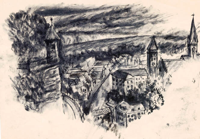 ink sketch of buildings and landscape from a high viewpoint