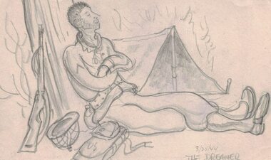 pencil sketch of a uniformed man seated outside of a tent, leaning against a tree with his eyes closed