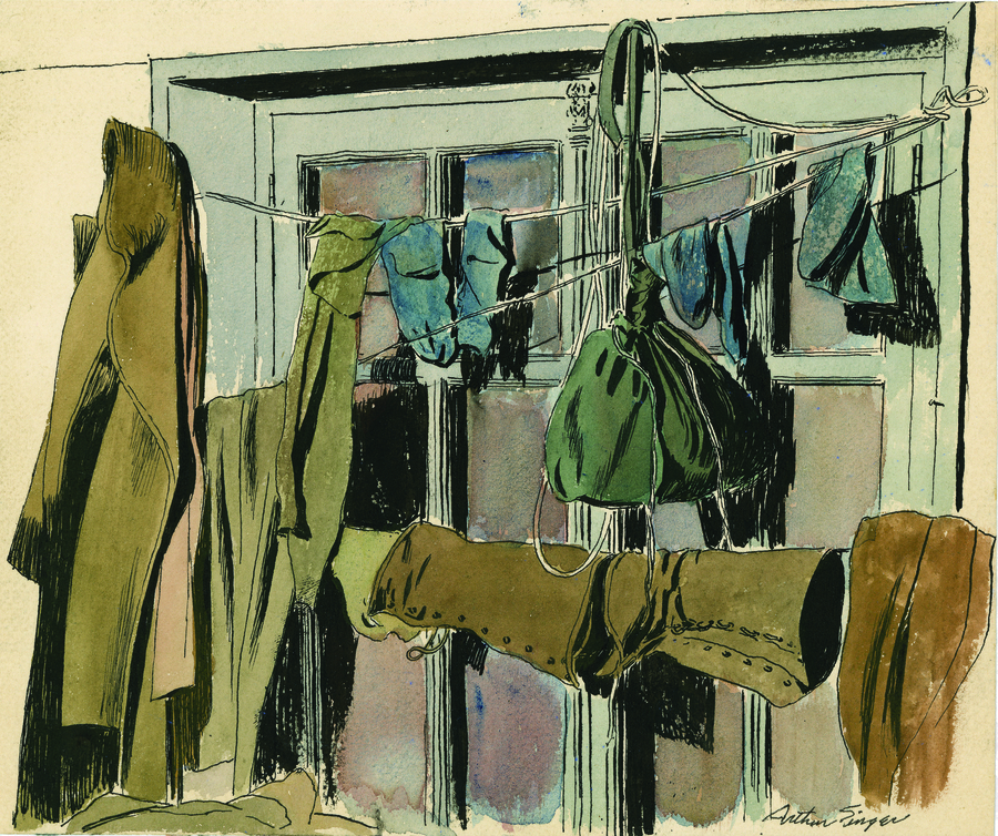 watercolor of military laundry hanging on lines in front of a window