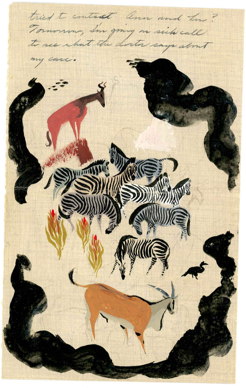 watercolor painting of a herd of zebras and gazelles