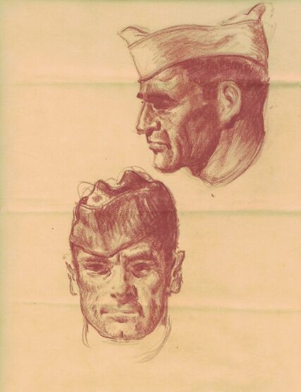 sketch of two men's faces, both with military caps 