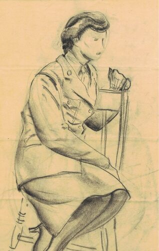 sketch of a woman in uniform sitting sideways in a chair