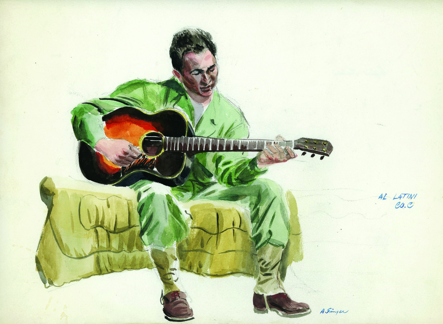 watercolor painting of a man seated with a guitar