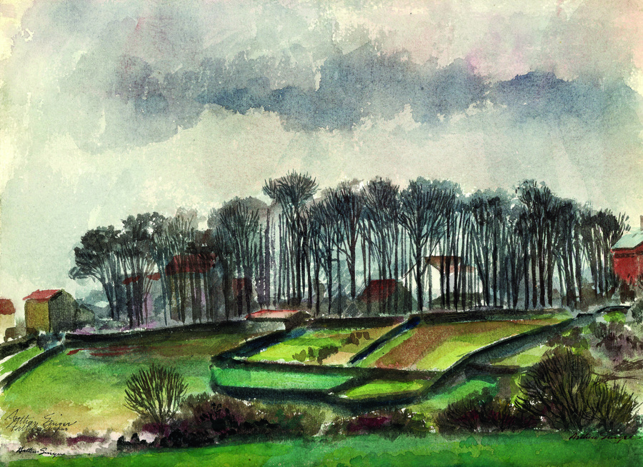 watercolor view of farmland fields near trees