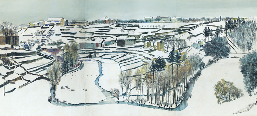a winter scene of a town with snow on the ground from a high vantage point