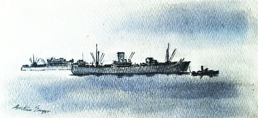 watercolor of several military ships