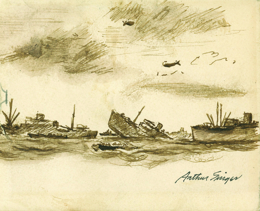sketch of three military boats one of which is sinking
