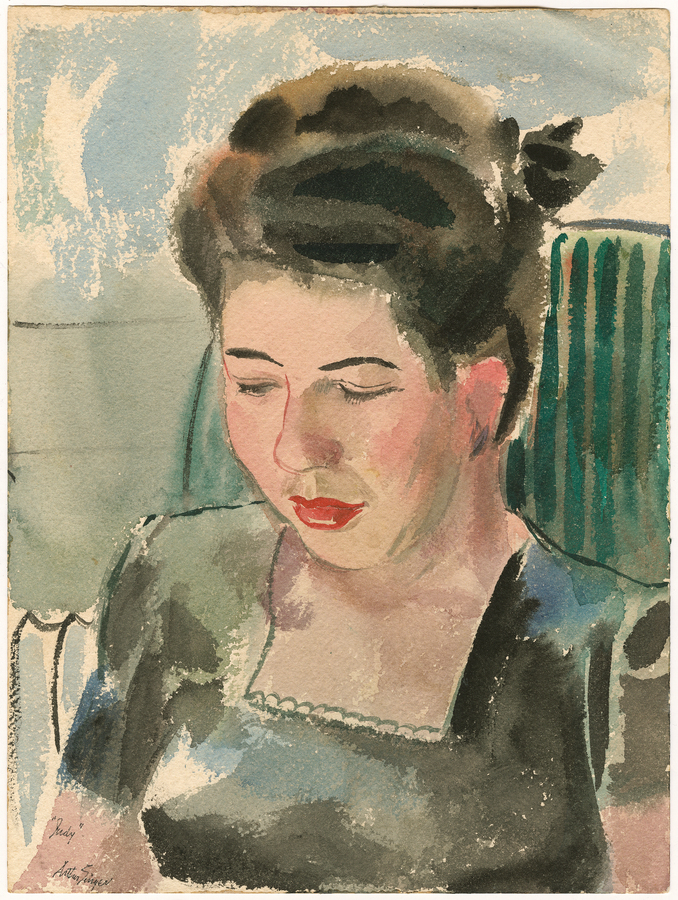 watercolor painting of a woman looking down