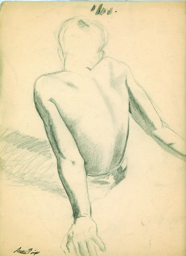 sketch of a young man from the waist up, from the back, with no shirt