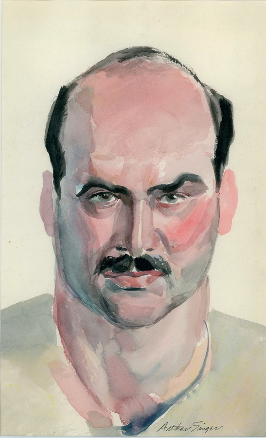 watercolor portrait of the face of a balding mustached white man