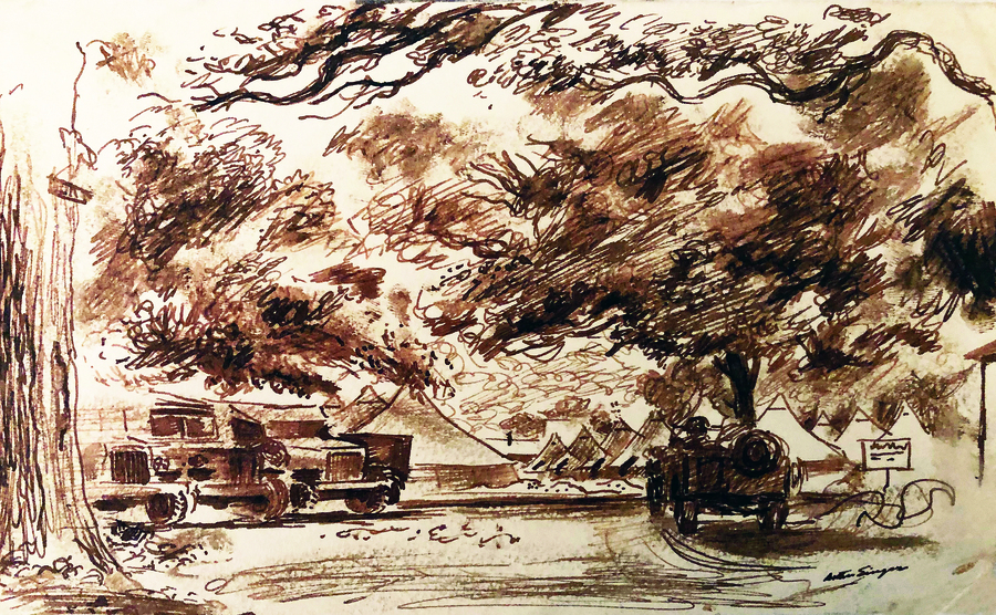 sepia-toned watercolor of jeeps under trees