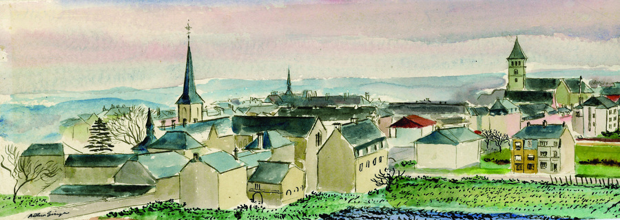 watercolor painting of a panoramic view of a city