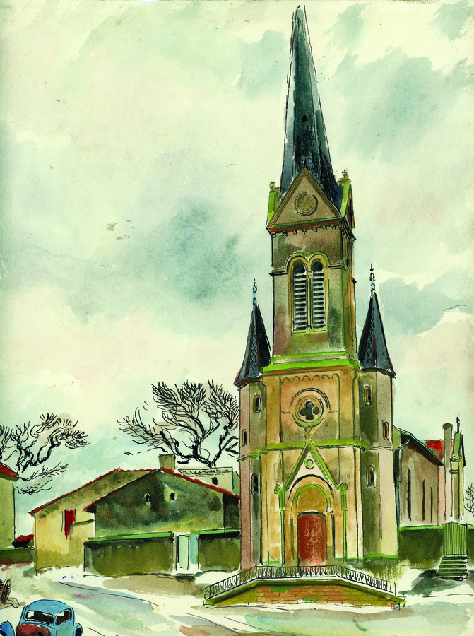 watercolor painting of a church