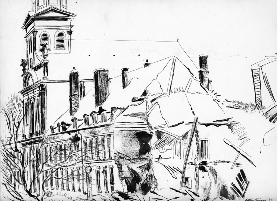 b/w/sketch of a church that has been damaged