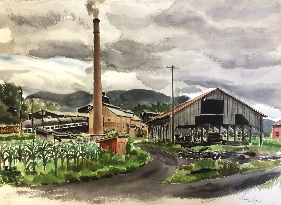 watercolor painting of industrial buildings under a cloudy sky