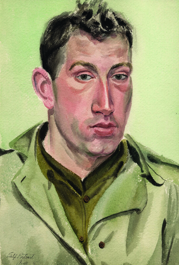 watercolor painting of a dark-haired man in uniform