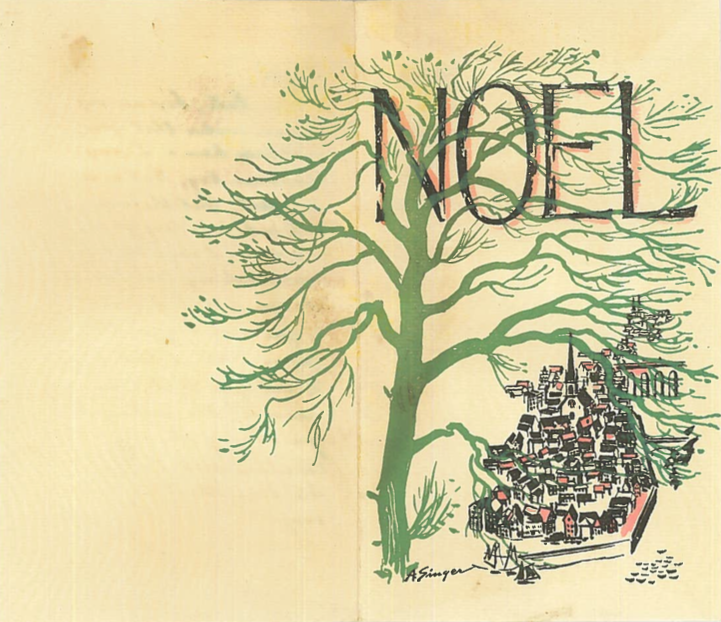 Christmas card showing a large green tree and an aerial view of a town, with the word NOEL above it