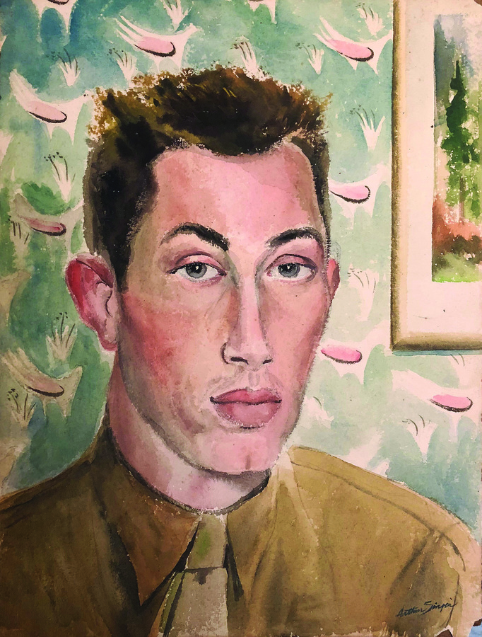 watercolor painting of a darkhaired man in uniform