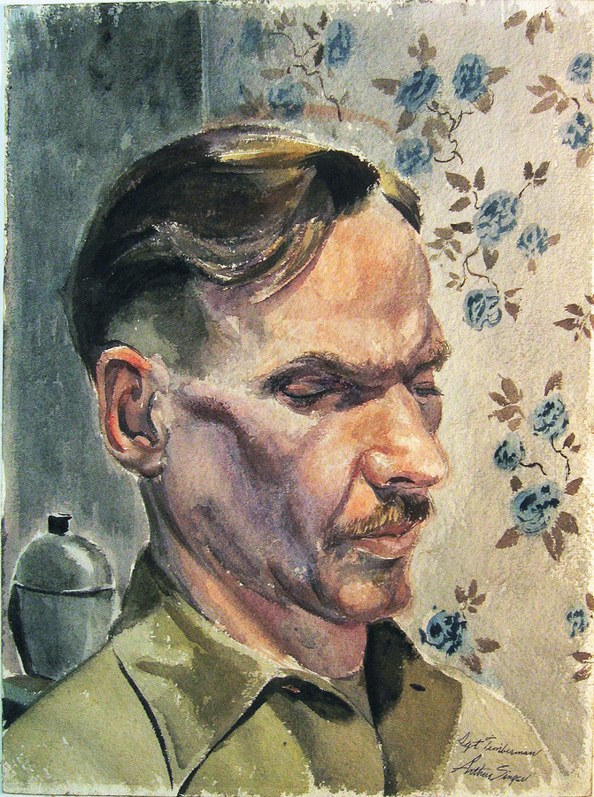 watercolor portrait of the face of a man in uniform against floral wallpaper