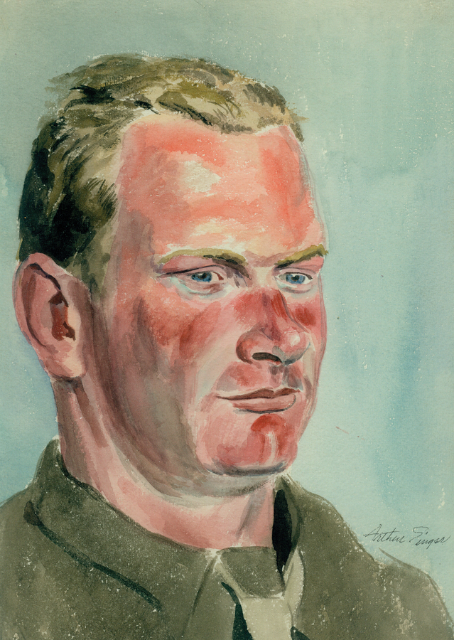 watercolor painting of a uniformed blond man