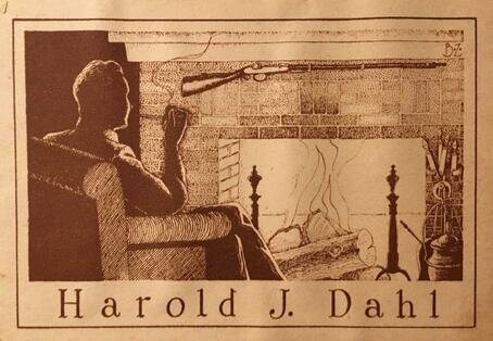 illustration of Harold J Dahl sitting in an easy chair before a fire with a rifle below the mantle