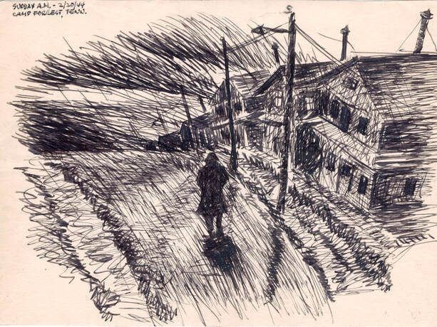 sketch of man walking through a barracks at night