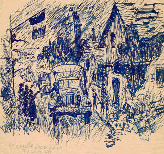 sketch of an army truck in city street in france during ww2