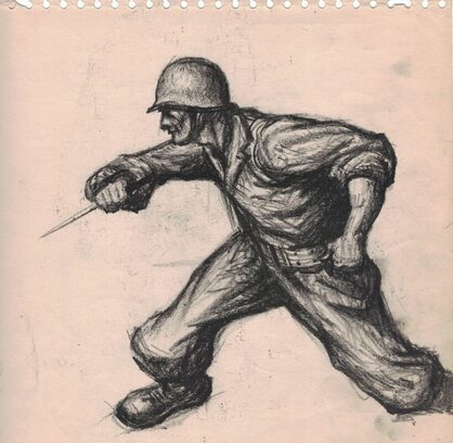 Sketch of soldier brandishing a daggar