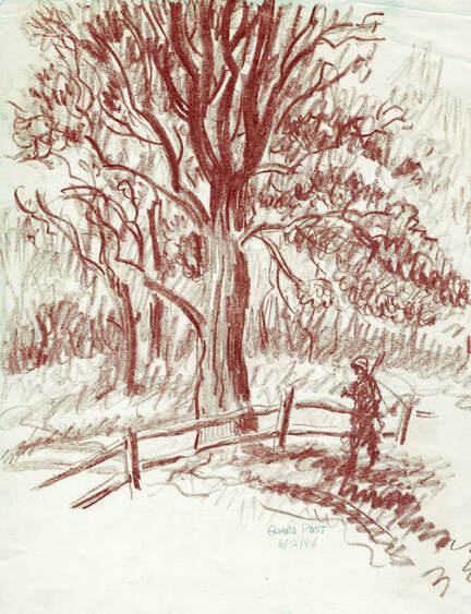 sketch of tree with soldier walking beneath it