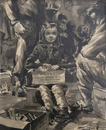 illustration of young girl sitting on a box in a shelter in WW2