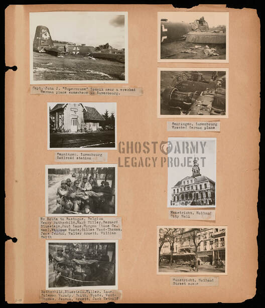 scrapbook of photos from WW2 showing planes and buildings in France