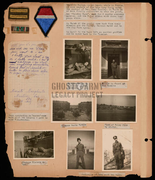 WW2 scrapbook page of photos depicting men in the army and army patches