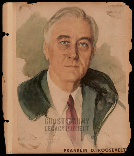 WW2 scrapbook page of photo of President Roosevelt painting announcing his death