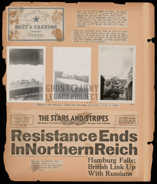 WW2 scrapbook page of photos next to news clippings showing the German retreat