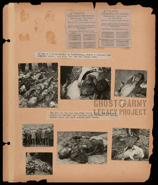 WW2 scrapbook page of photos depicting dead bodies and corpses