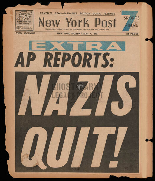 WW2 scrapbook page of a newspaper clipping saying Nazis Quit