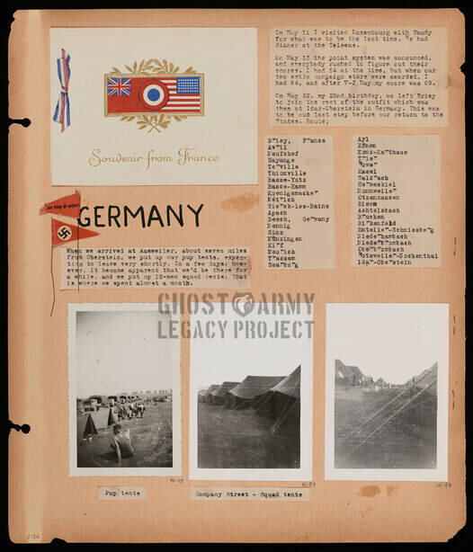 WW2 scrapbook page showing clippings and photos from France