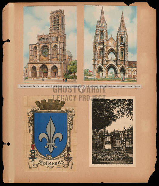 WW2 scrapbook page showing postcards of cathedrals in France