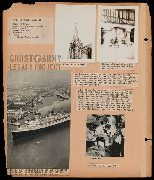 WW2 scrapbook page showing a steam ship photos and press clippings