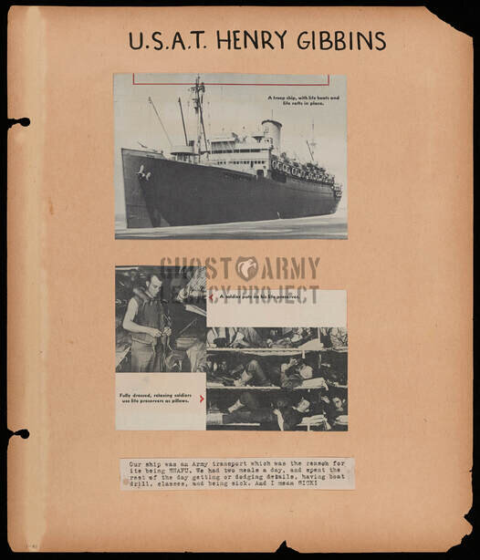 scrapbook page of army photos of transport ship Hentry Gibbins