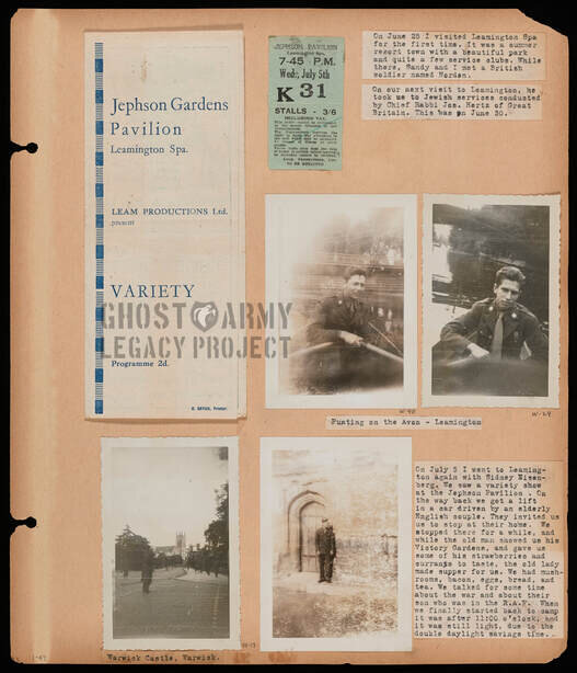 scrapbook page of clippings photos and a brochure from England in WW2